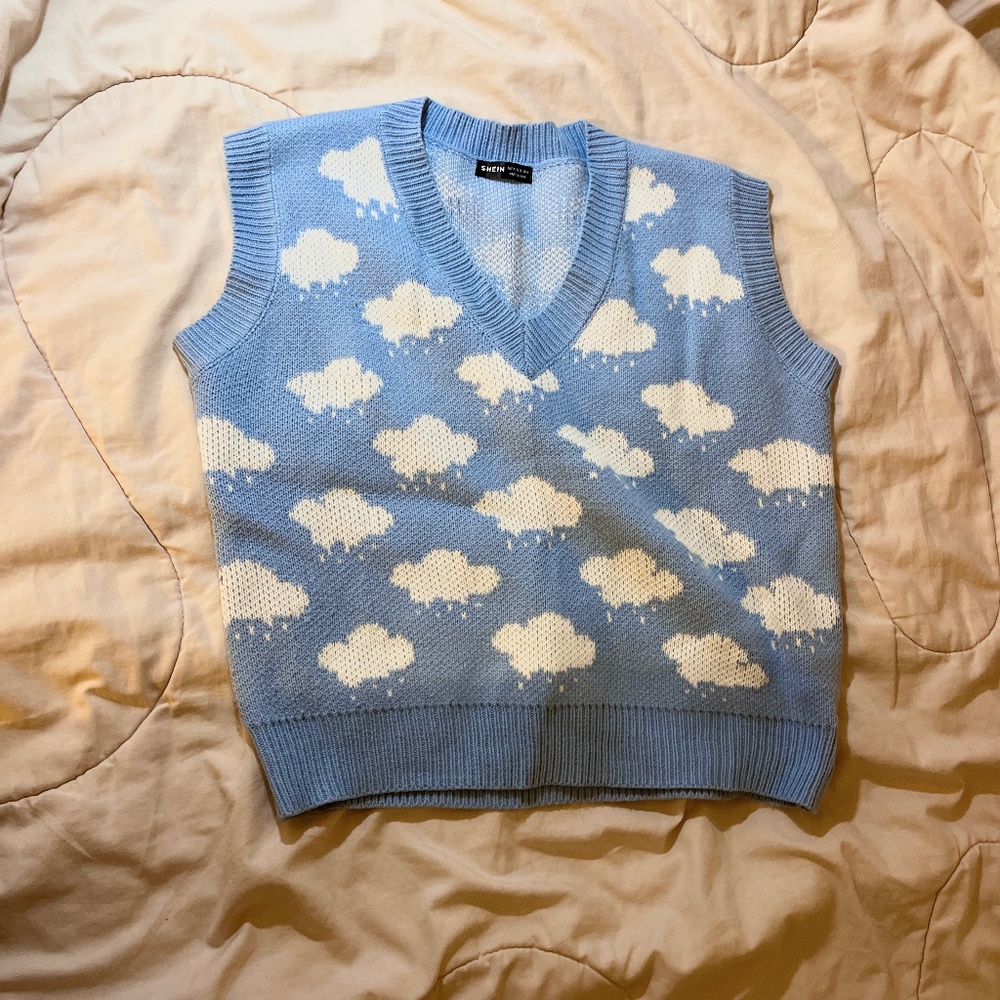 blue and white cottage core coquette maximalist knitted sweater vest
